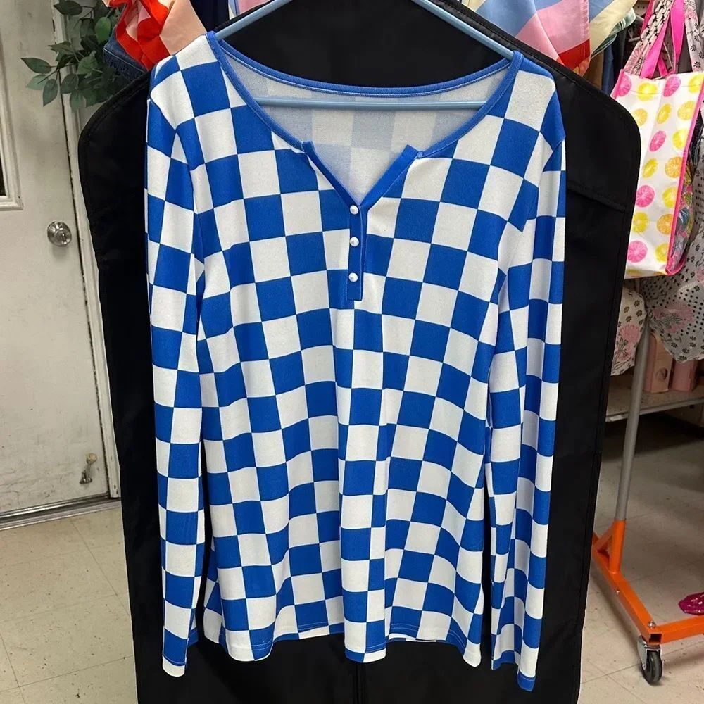 Blue and White Checkered Long Sleeve Top